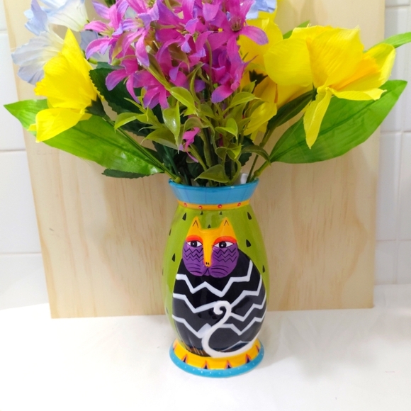 Laurel Burch Cat Flower Vase Colorful Kitty 6" Tall For Ganz NY - Picture 2 of 12
